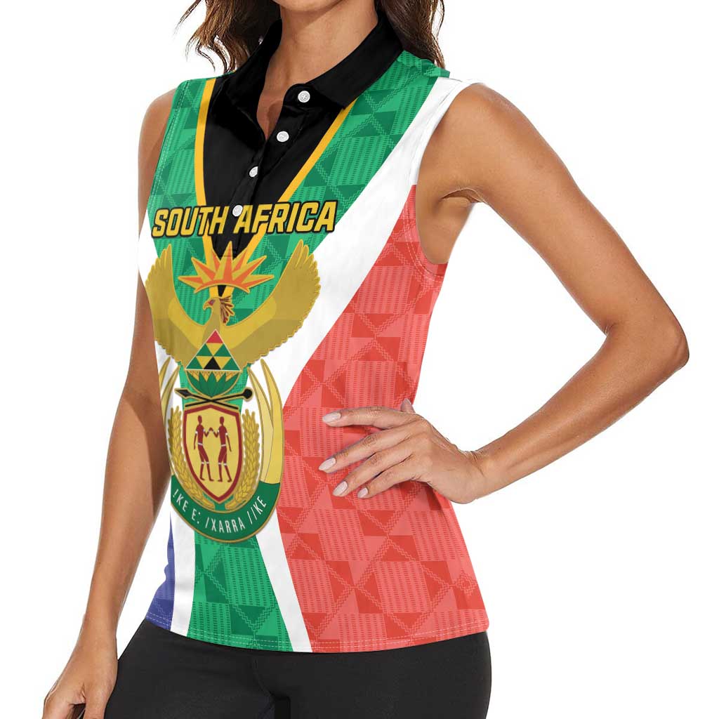 Personalised South Africa Women Sleeveless Polo Shirt Coat Of Arms Flag Style