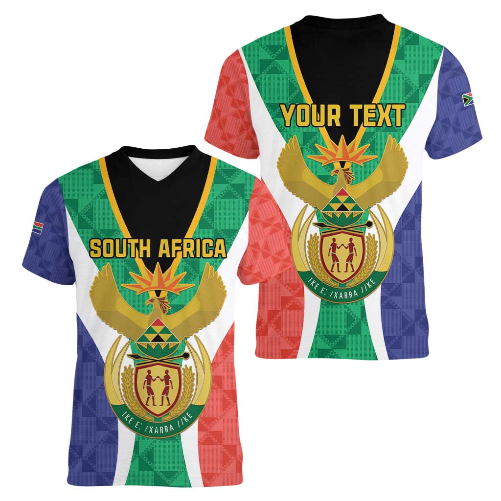 Personalised South Africa Women V-Neck T-Shirt Coat Of Arms Flag Style