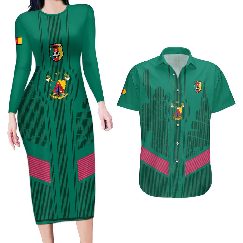 Custom Cameroon Football Couples Matching Long Sleeve Bodycon Dress and Hawaiian Shirt Waka Waka - This Time For Africa