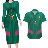 Custom Cameroon Football Couples Matching Long Sleeve Bodycon Dress and Hawaiian Shirt Waka Waka - This Time For Africa
