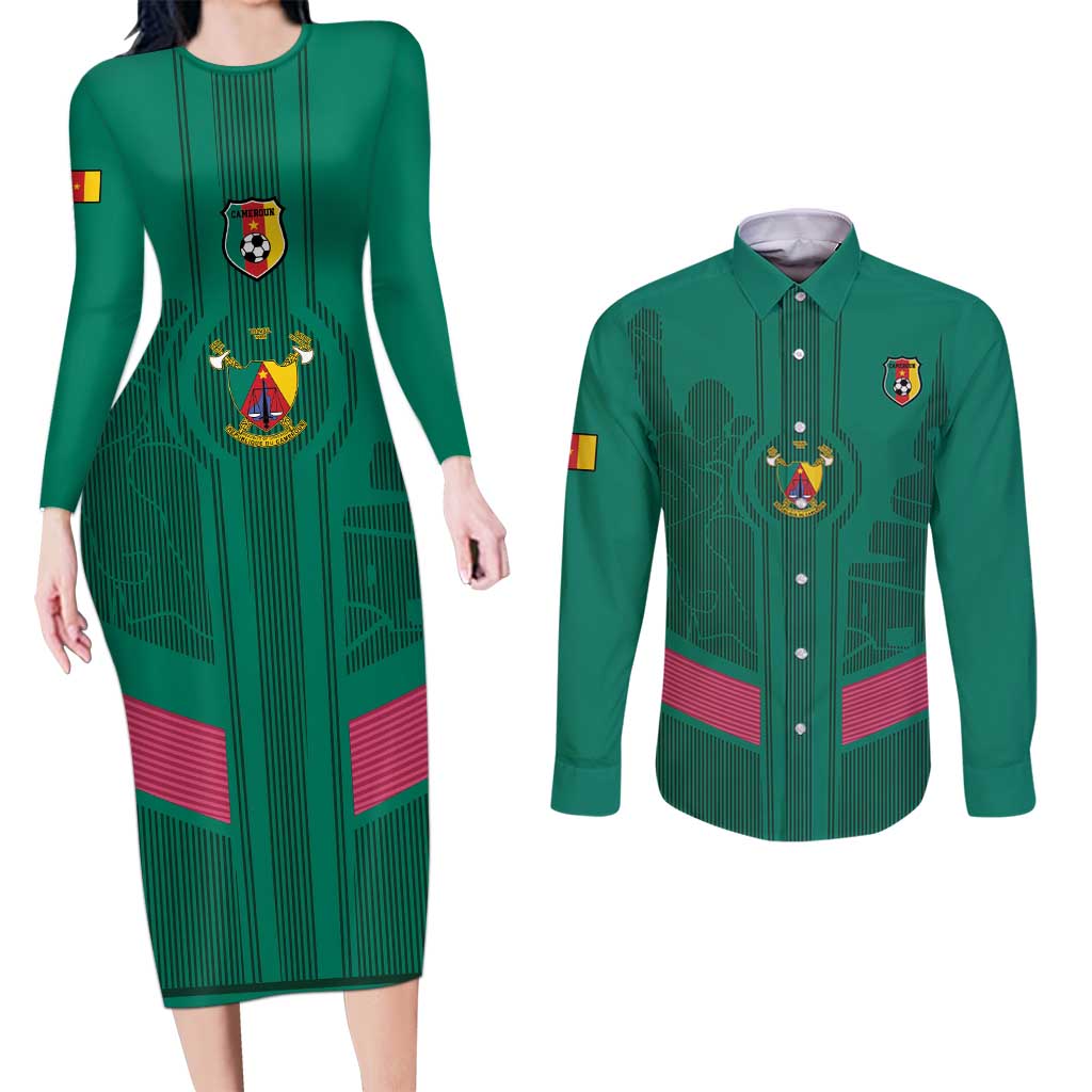 Custom Cameroon Football Couples Matching Long Sleeve Bodycon Dress and Long Sleeve Button Shirt Waka Waka - This Time For Africa