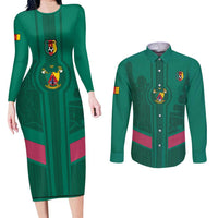 Custom Cameroon Football Couples Matching Long Sleeve Bodycon Dress and Long Sleeve Button Shirt Waka Waka - This Time For Africa