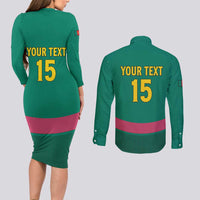 Custom Cameroon Football Couples Matching Long Sleeve Bodycon Dress and Long Sleeve Button Shirt Waka Waka - This Time For Africa