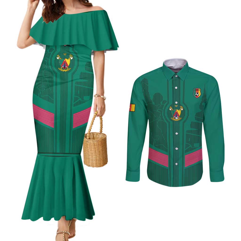Custom Cameroon Football Couples Matching Mermaid Dress and Long Sleeve Button Shirt Waka Waka - This Time For Africa