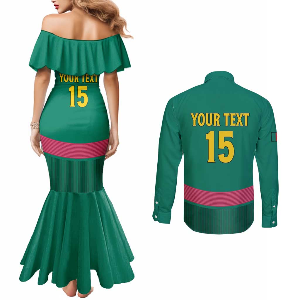 Custom Cameroon Football Couples Matching Mermaid Dress and Long Sleeve Button Shirt Waka Waka - This Time For Africa