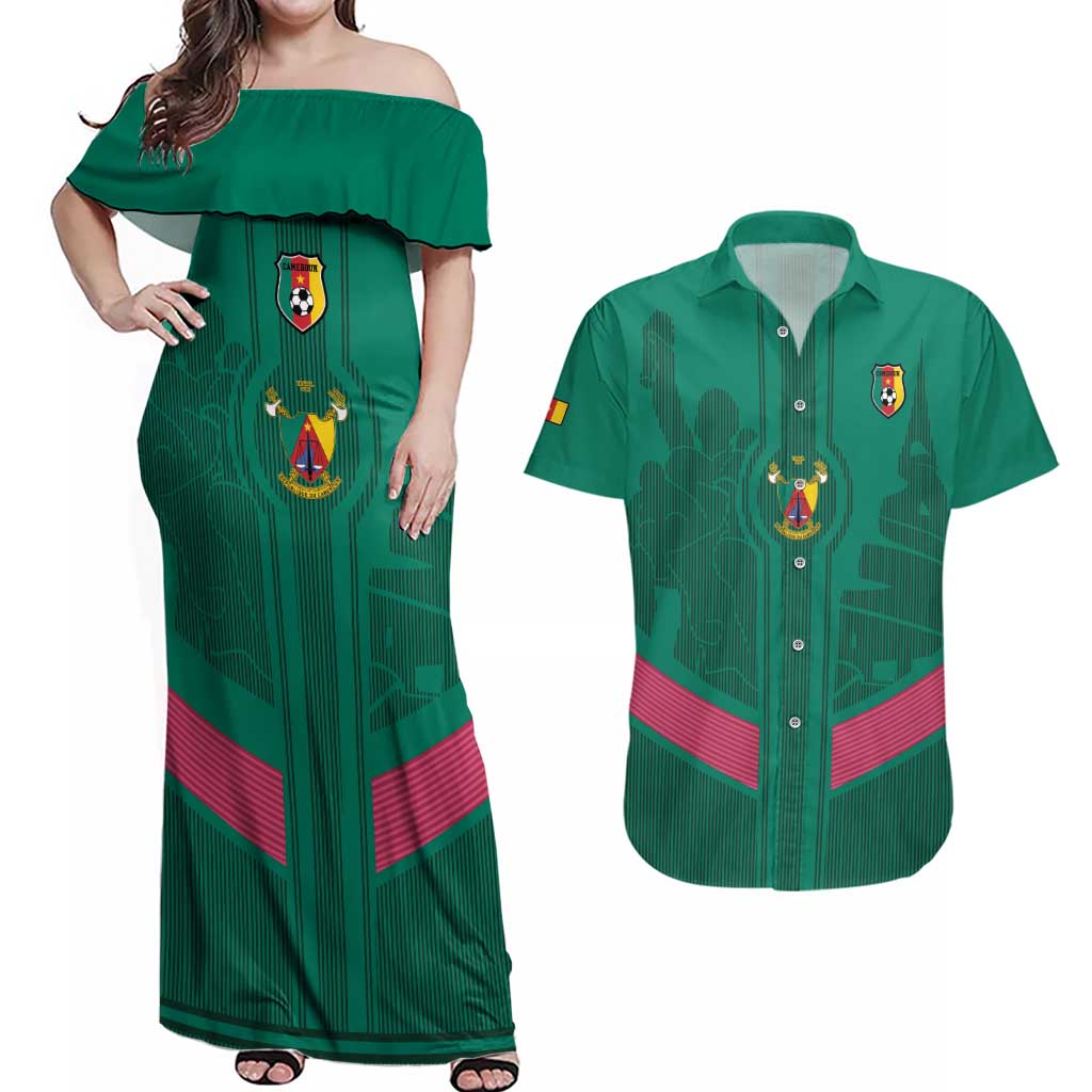 Custom Cameroon Football Couples Matching Off Shoulder Maxi Dress and Hawaiian Shirt Waka Waka - This Time For Africa