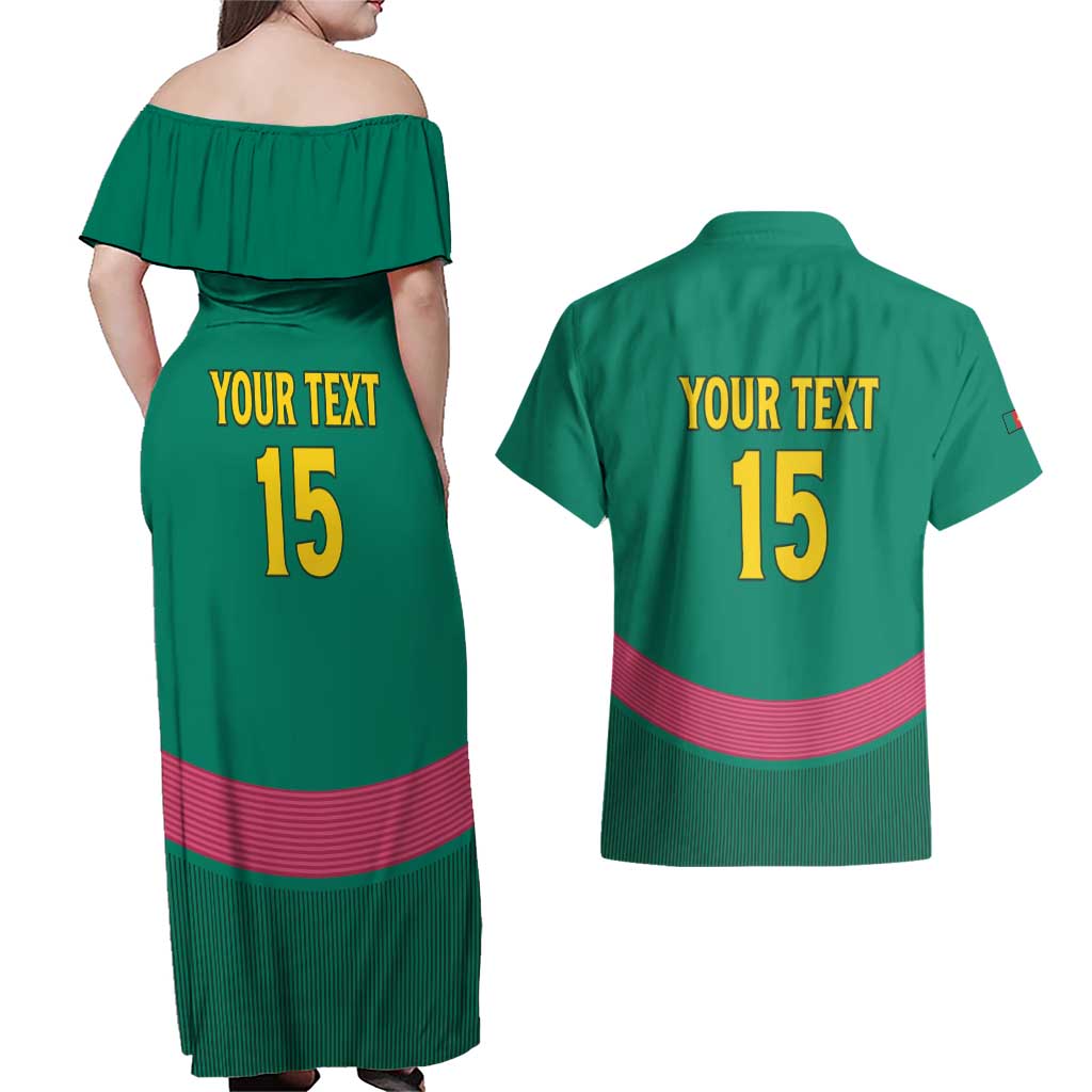 Custom Cameroon Football Couples Matching Off Shoulder Maxi Dress and Hawaiian Shirt Waka Waka - This Time For Africa