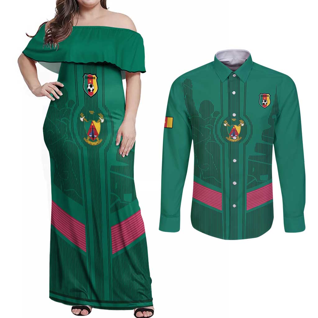 Custom Cameroon Football Couples Matching Off Shoulder Maxi Dress and Long Sleeve Button Shirt Waka Waka - This Time For Africa