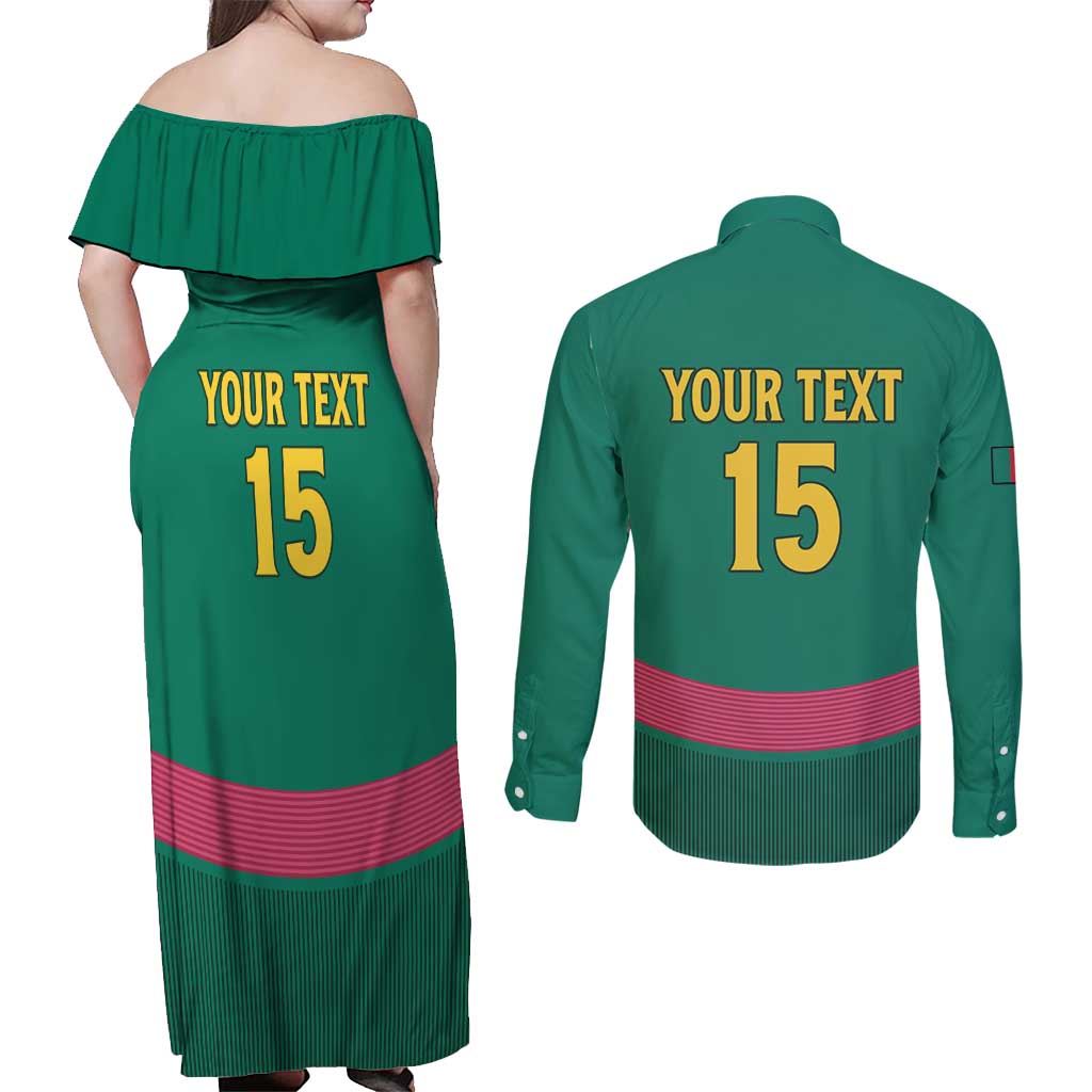 Custom Cameroon Football Couples Matching Off Shoulder Maxi Dress and Long Sleeve Button Shirt Waka Waka - This Time For Africa