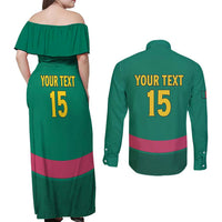 Custom Cameroon Football Couples Matching Off Shoulder Maxi Dress and Long Sleeve Button Shirt Waka Waka - This Time For Africa