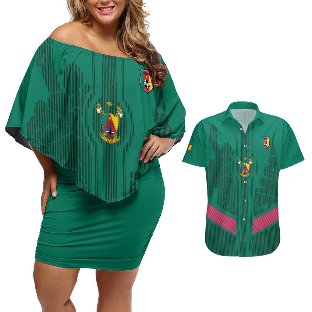 Custom Cameroon Football Couples Matching Off Shoulder Short Dress and Hawaiian Shirt Waka Waka - This Time For Africa