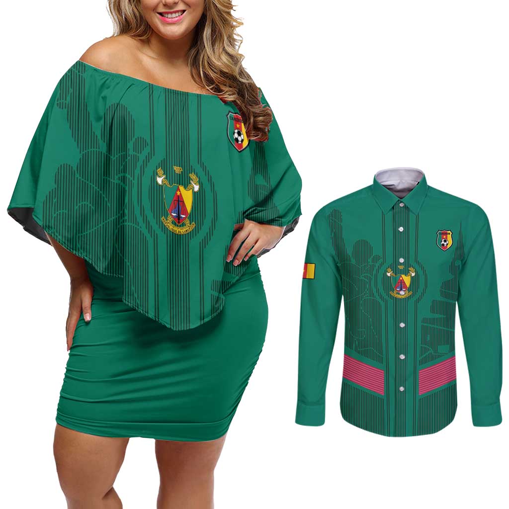Custom Cameroon Football Couples Matching Off Shoulder Short Dress and Long Sleeve Button Shirt Waka Waka - This Time For Africa