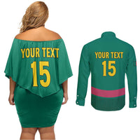 Custom Cameroon Football Couples Matching Off Shoulder Short Dress and Long Sleeve Button Shirt Waka Waka - This Time For Africa
