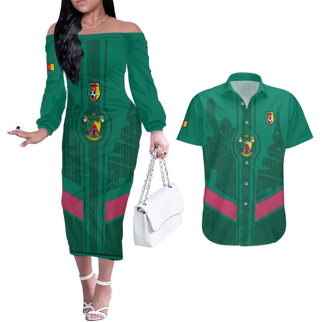 Custom Cameroon Football Couples Matching Off The Shoulder Long Sleeve Dress and Hawaiian Shirt Waka Waka - This Time For Africa