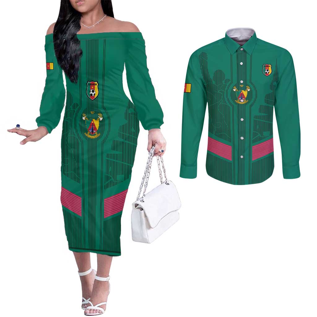 Custom Cameroon Football Couples Matching Off The Shoulder Long Sleeve Dress and Long Sleeve Button Shirt Waka Waka - This Time For Africa