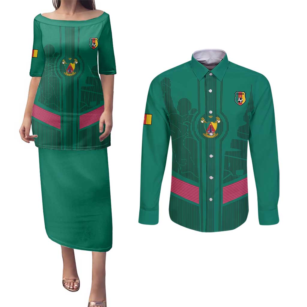 Custom Cameroon Football Couples Matching Puletasi and Long Sleeve Button Shirt Waka Waka - This Time For Africa