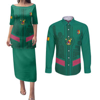 Custom Cameroon Football Couples Matching Puletasi and Long Sleeve Button Shirt Waka Waka - This Time For Africa