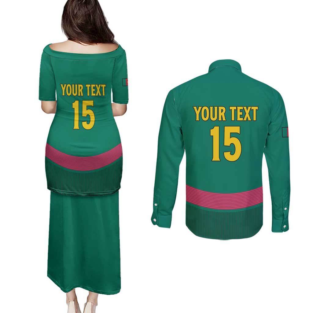 Custom Cameroon Football Couples Matching Puletasi and Long Sleeve Button Shirt Waka Waka - This Time For Africa
