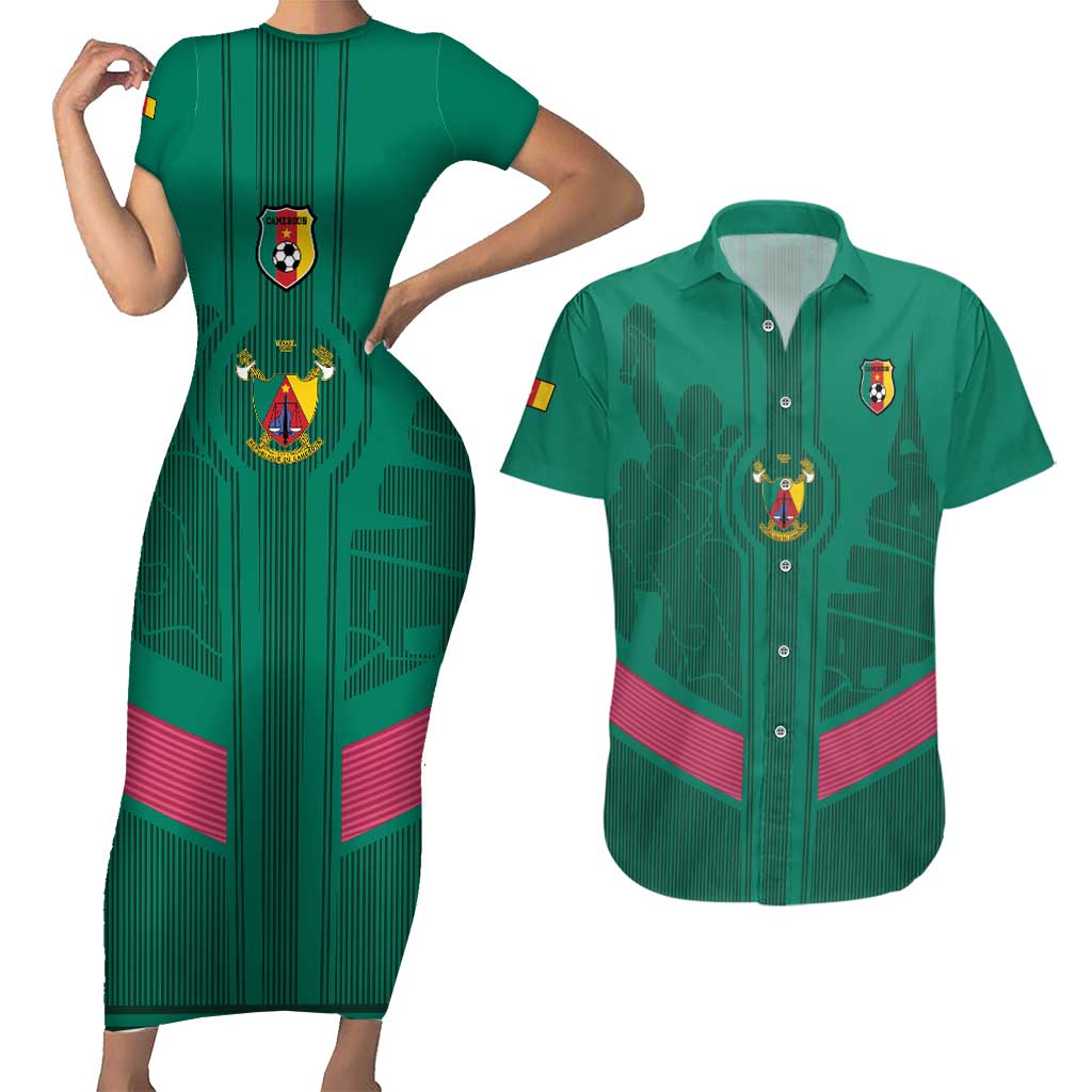 Custom Cameroon Football Couples Matching Short Sleeve Bodycon Dress and Hawaiian Shirt Waka Waka - This Time For Africa