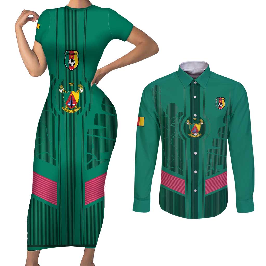 Custom Cameroon Football Couples Matching Short Sleeve Bodycon Dress and Long Sleeve Button Shirt Waka Waka - This Time For Africa