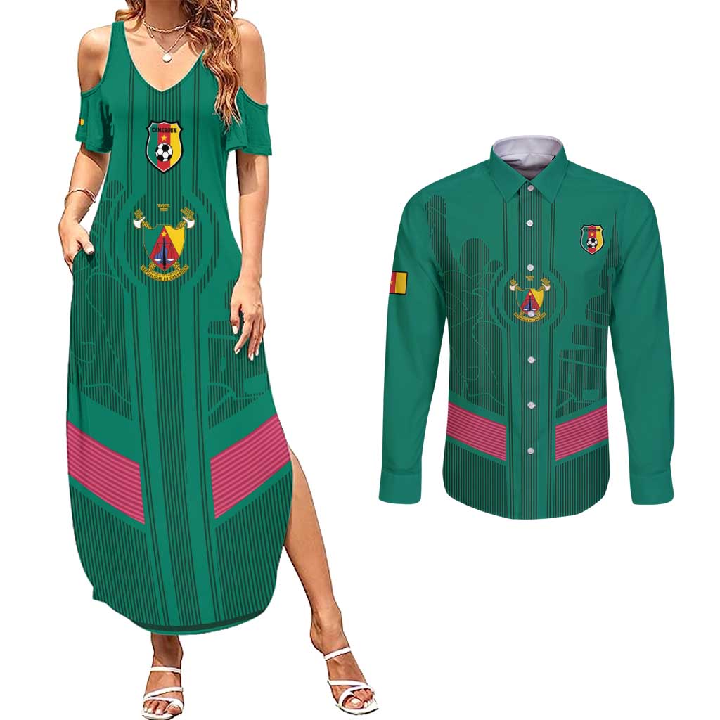 Custom Cameroon Football Couples Matching Summer Maxi Dress and Long Sleeve Button Shirt Waka Waka - This Time For Africa