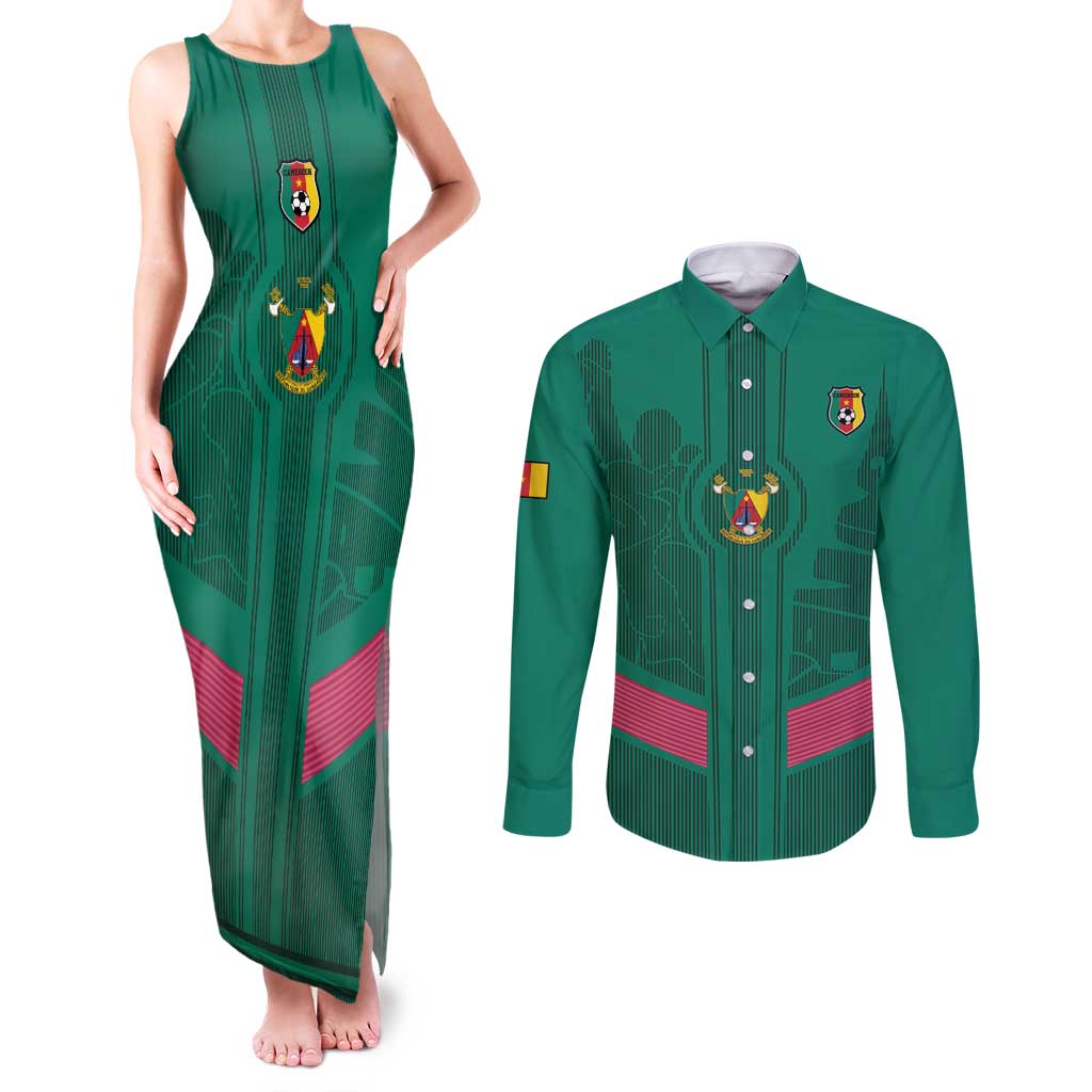 Custom Cameroon Football Couples Matching Tank Maxi Dress and Long Sleeve Button Shirt Waka Waka - This Time For Africa