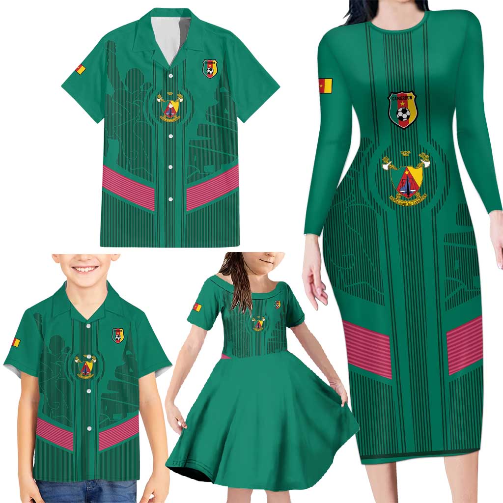 Custom Cameroon Football Family Matching Long Sleeve Bodycon Dress and Hawaiian Shirt Waka Waka - This Time For Africa