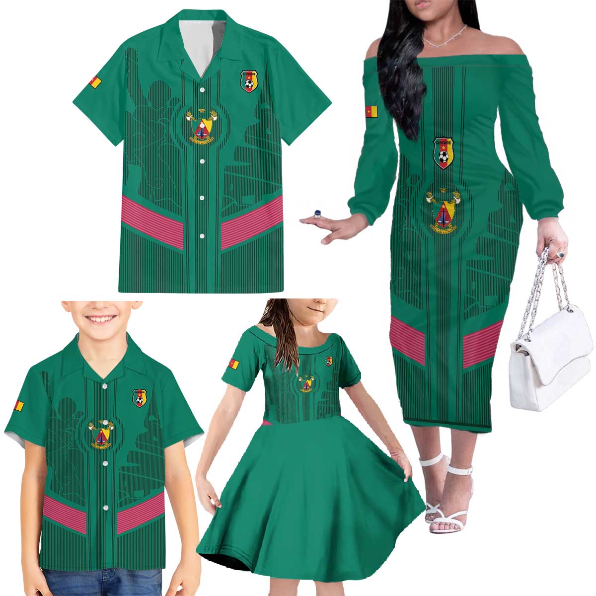 Custom Cameroon Football Family Matching Off The Shoulder Long Sleeve Dress and Hawaiian Shirt Waka Waka - This Time For Africa