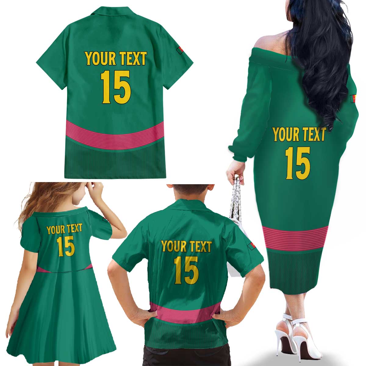 Custom Cameroon Football Family Matching Off The Shoulder Long Sleeve Dress and Hawaiian Shirt Waka Waka - This Time For Africa