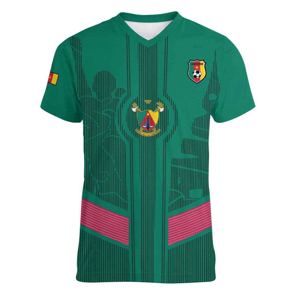 Custom Cameroon Football Women V-Neck T-Shirt Waka Waka - This Time For Africa