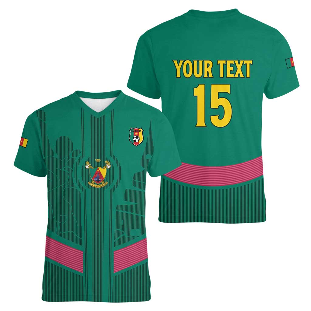 Custom Cameroon Football Women V-Neck T-Shirt Waka Waka - This Time For Africa