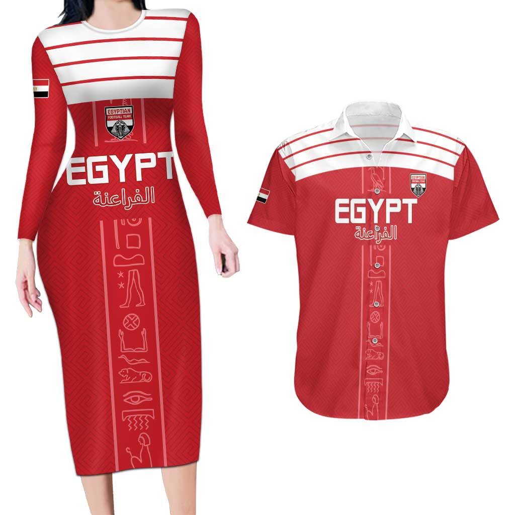 Custom Egypt Football Couples Matching Long Sleeve Bodycon Dress and Hawaiian Shirt Yalla Yalla Pharaohs - Red Ver