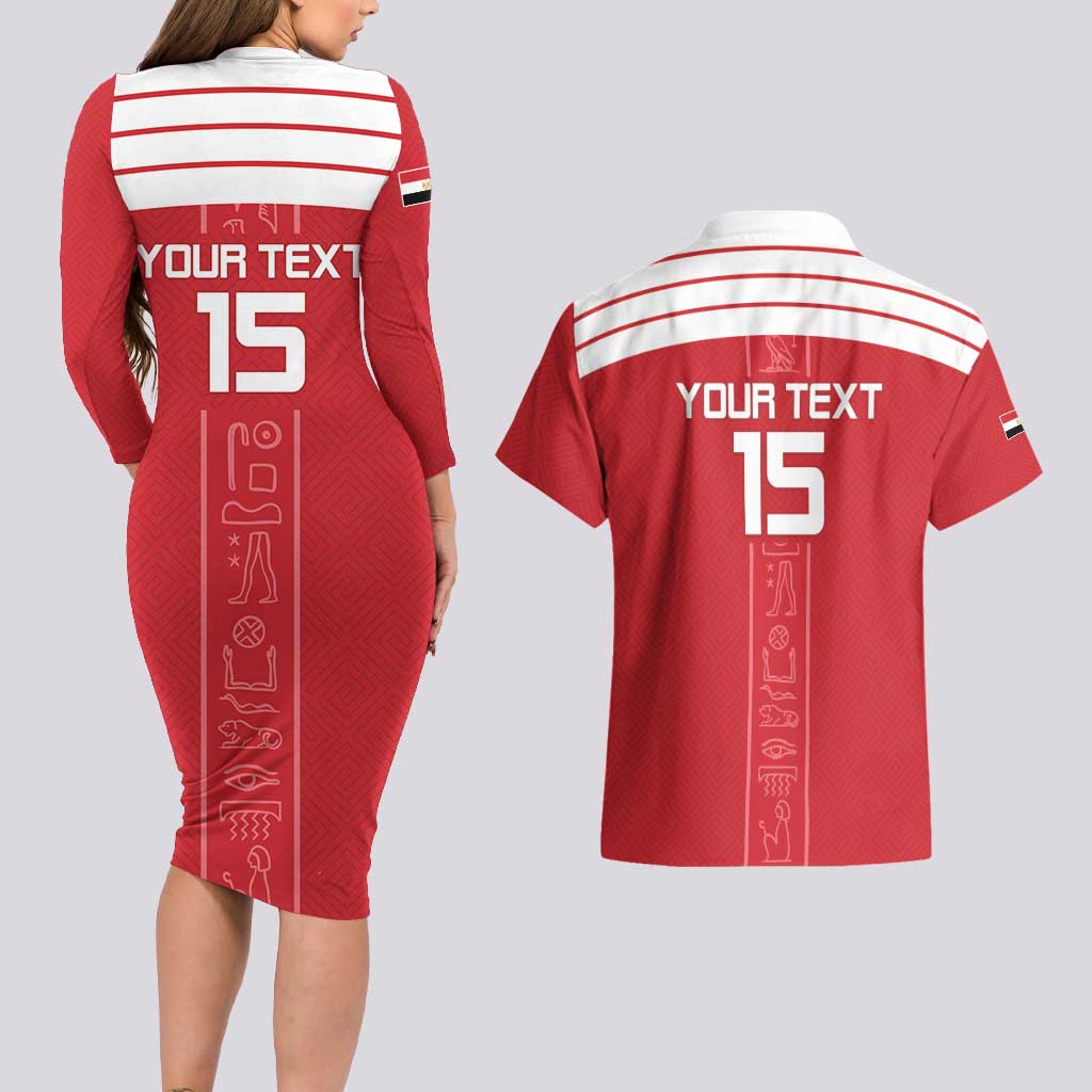 Custom Egypt Football Couples Matching Long Sleeve Bodycon Dress and Hawaiian Shirt Yalla Yalla Pharaohs - Red Ver