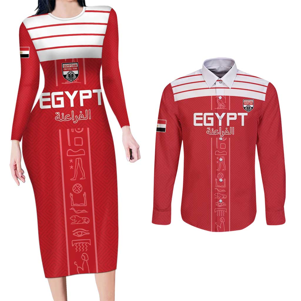 Custom Egypt Football Couples Matching Long Sleeve Bodycon Dress and Long Sleeve Button Shirt Yalla Yalla Pharaohs - Red Ver