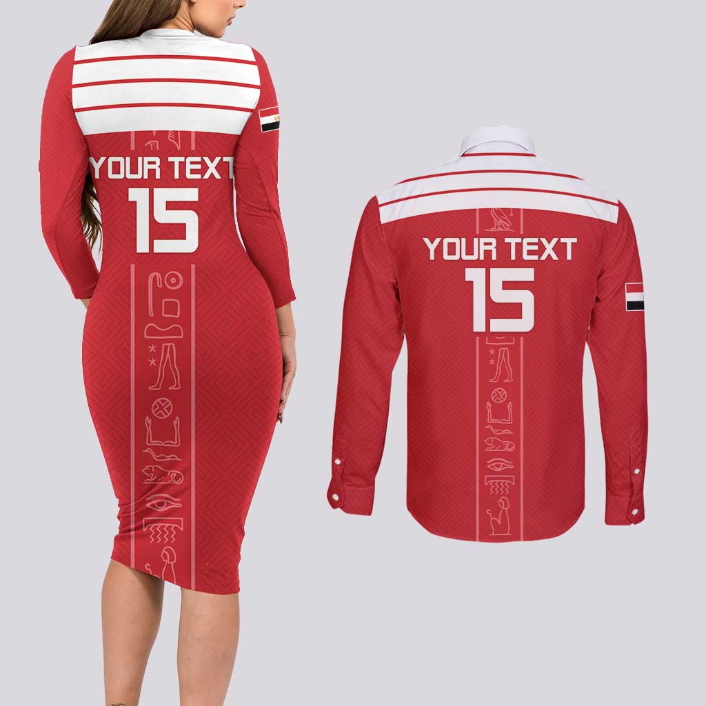Custom Egypt Football Couples Matching Long Sleeve Bodycon Dress and Long Sleeve Button Shirt Yalla Yalla Pharaohs - Red Ver