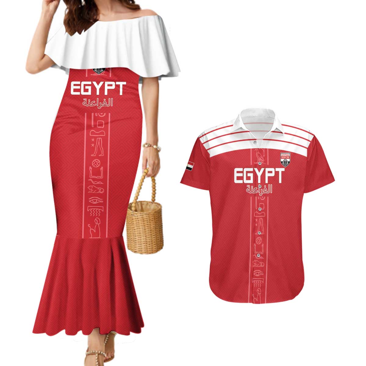 Custom Egypt Football Couples Matching Mermaid Dress and Hawaiian Shirt Yalla Yalla Pharaohs - Red Ver
