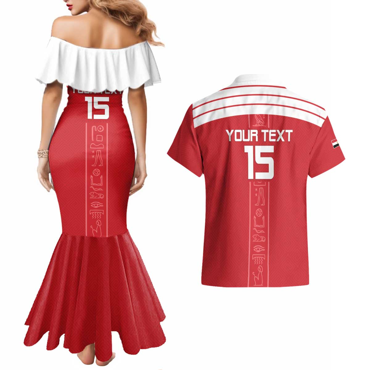Custom Egypt Football Couples Matching Mermaid Dress and Hawaiian Shirt Yalla Yalla Pharaohs - Red Ver