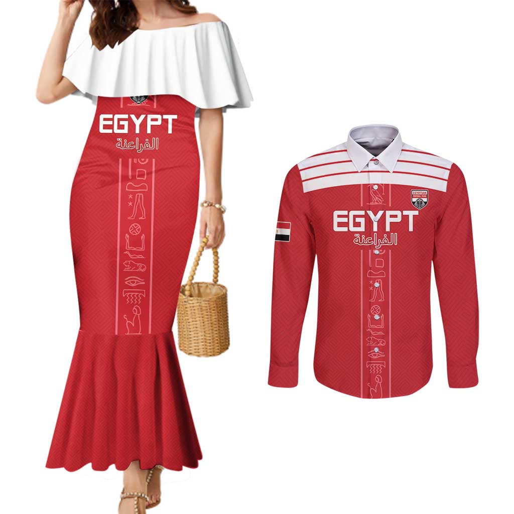 Custom Egypt Football Couples Matching Mermaid Dress and Long Sleeve Button Shirt Yalla Yalla Pharaohs - Red Ver