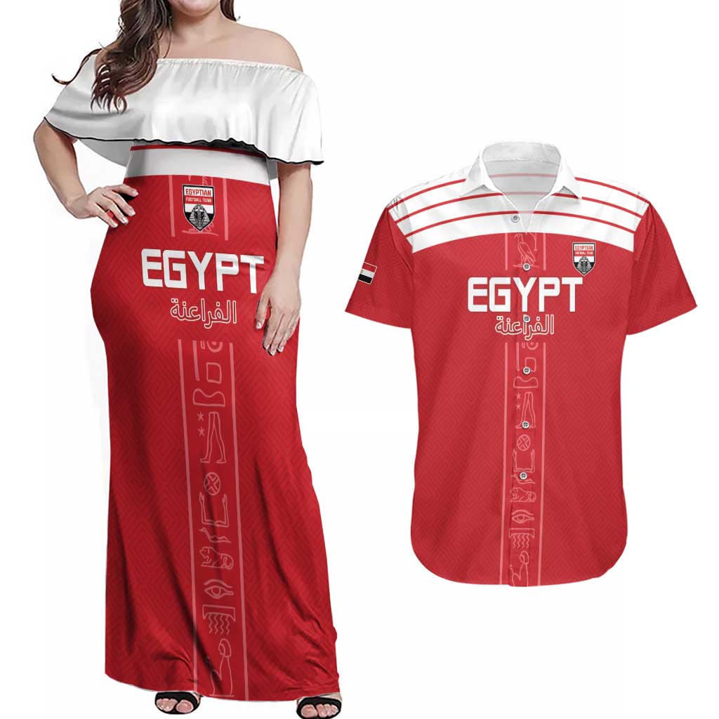 Custom Egypt Football Couples Matching Off Shoulder Maxi Dress and Hawaiian Shirt Yalla Yalla Pharaohs - Red Ver