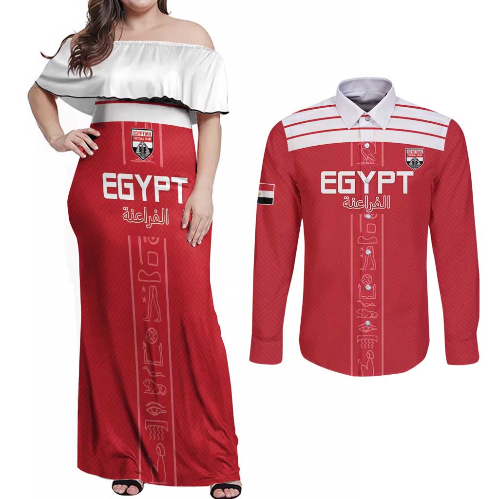 Custom Egypt Football Couples Matching Off Shoulder Maxi Dress and Long Sleeve Button Shirt Yalla Yalla Pharaohs - Red Ver
