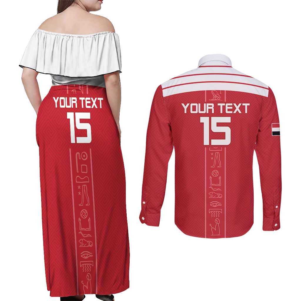Custom Egypt Football Couples Matching Off Shoulder Maxi Dress and Long Sleeve Button Shirt Yalla Yalla Pharaohs - Red Ver