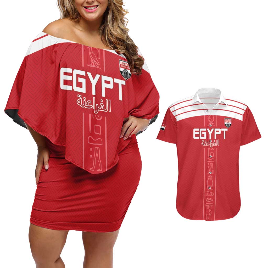 Custom Egypt Football Couples Matching Off Shoulder Short Dress and Hawaiian Shirt Yalla Yalla Pharaohs - Red Ver