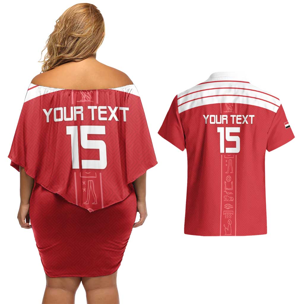 Custom Egypt Football Couples Matching Off Shoulder Short Dress and Hawaiian Shirt Yalla Yalla Pharaohs - Red Ver