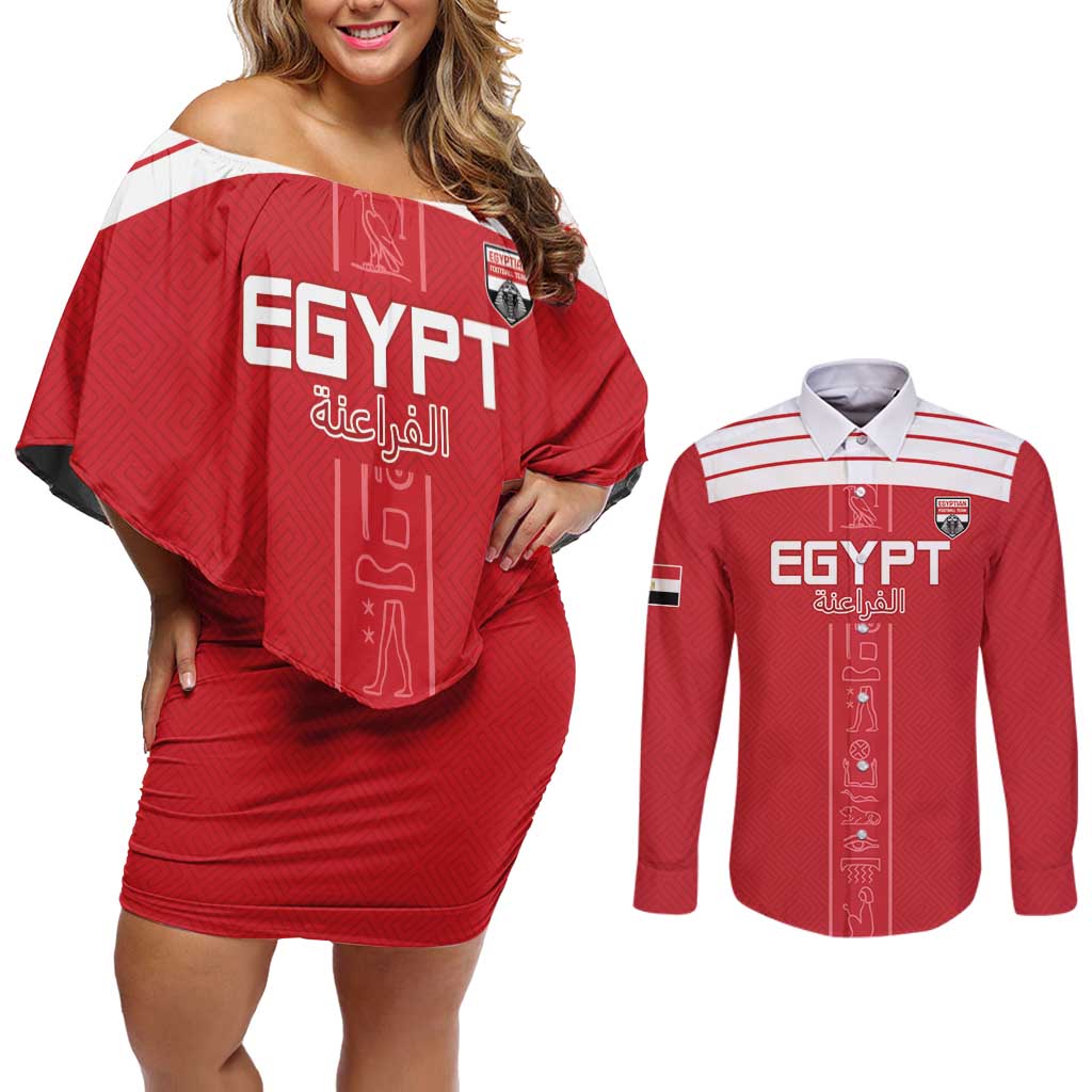 Custom Egypt Football Couples Matching Off Shoulder Short Dress and Long Sleeve Button Shirt Yalla Yalla Pharaohs - Red Ver