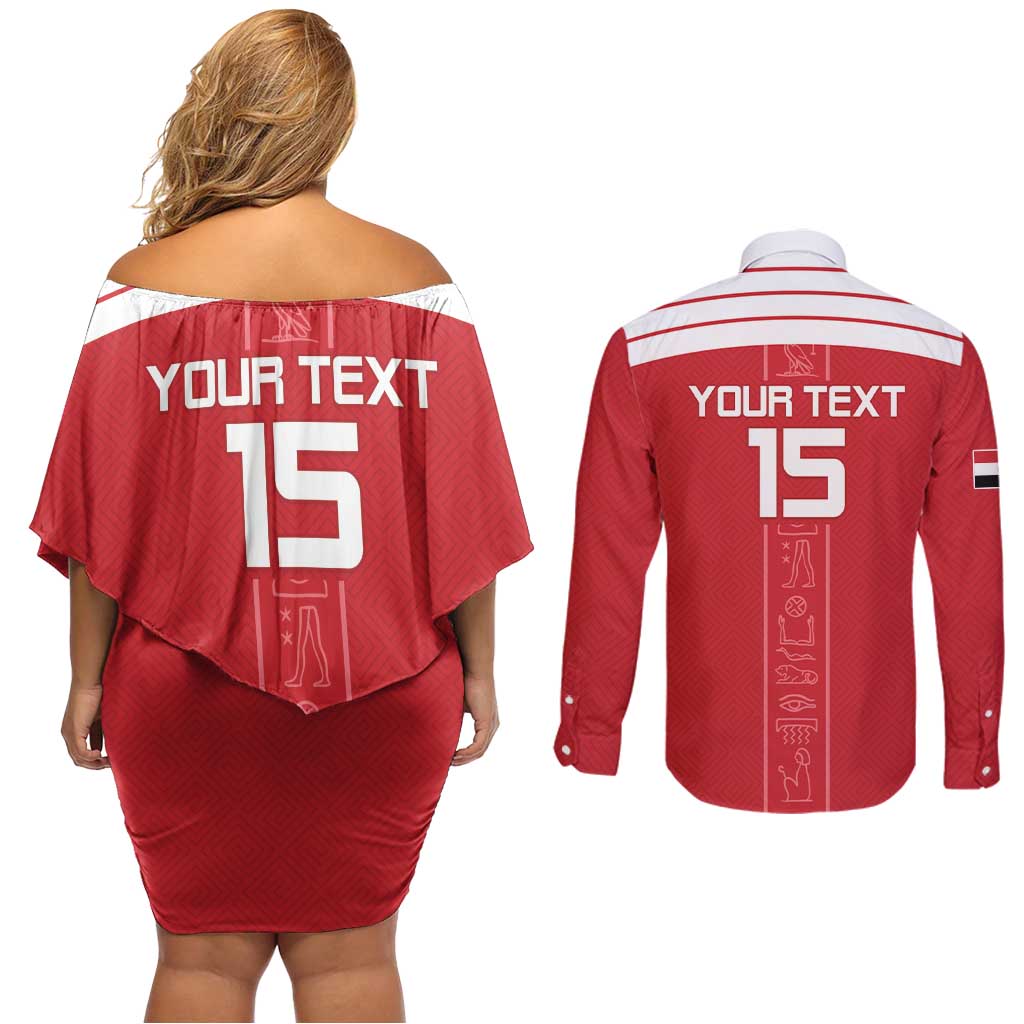 Custom Egypt Football Couples Matching Off Shoulder Short Dress and Long Sleeve Button Shirt Yalla Yalla Pharaohs - Red Ver