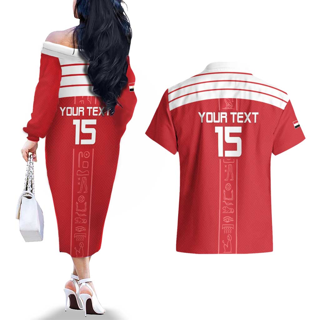 Custom Egypt Football Couples Matching Off The Shoulder Long Sleeve Dress and Hawaiian Shirt Yalla Yalla Pharaohs - Red Ver