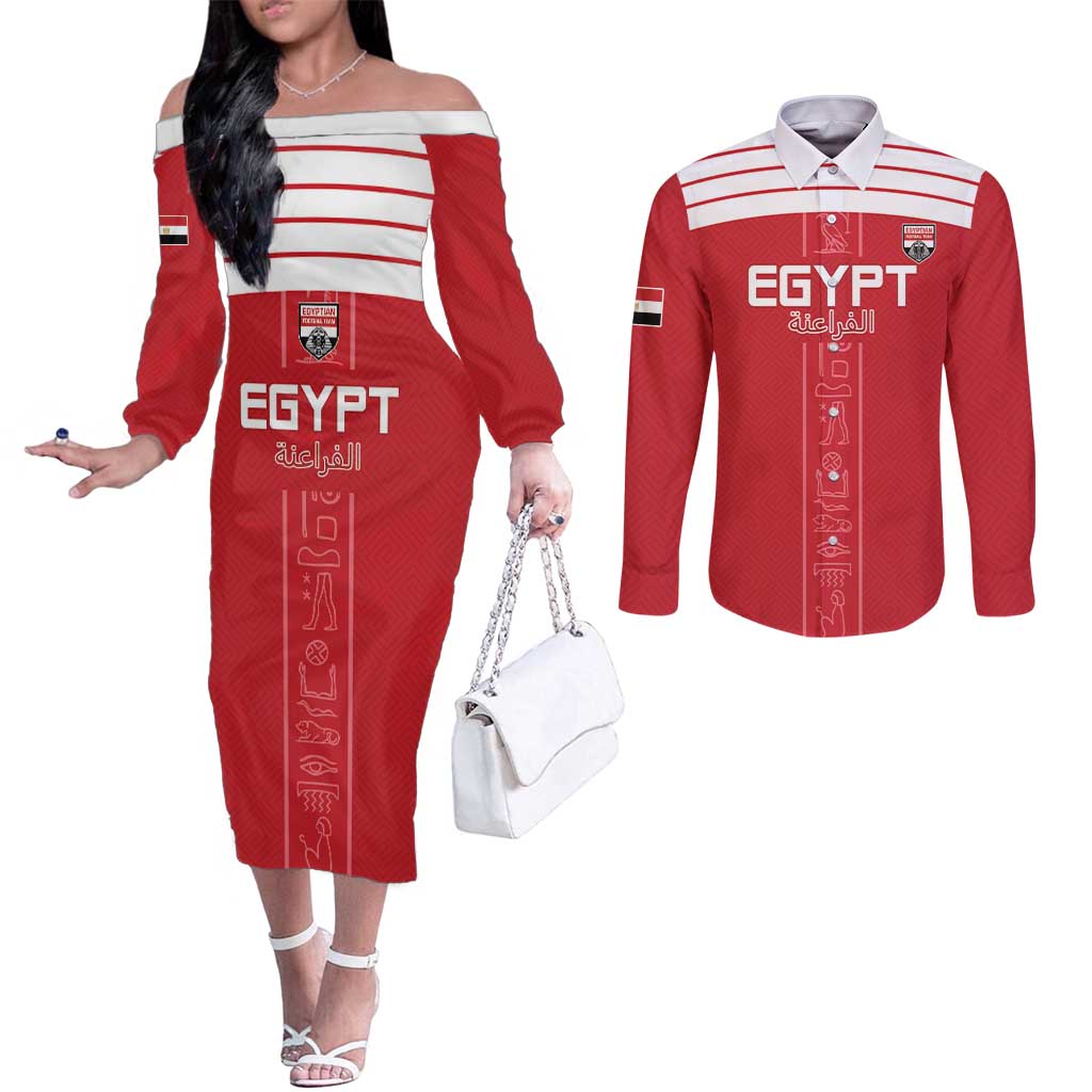 Custom Egypt Football Couples Matching Off The Shoulder Long Sleeve Dress and Long Sleeve Button Shirt Yalla Yalla Pharaohs - Red Ver
