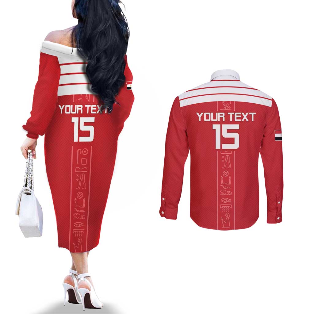 Custom Egypt Football Couples Matching Off The Shoulder Long Sleeve Dress and Long Sleeve Button Shirt Yalla Yalla Pharaohs - Red Ver