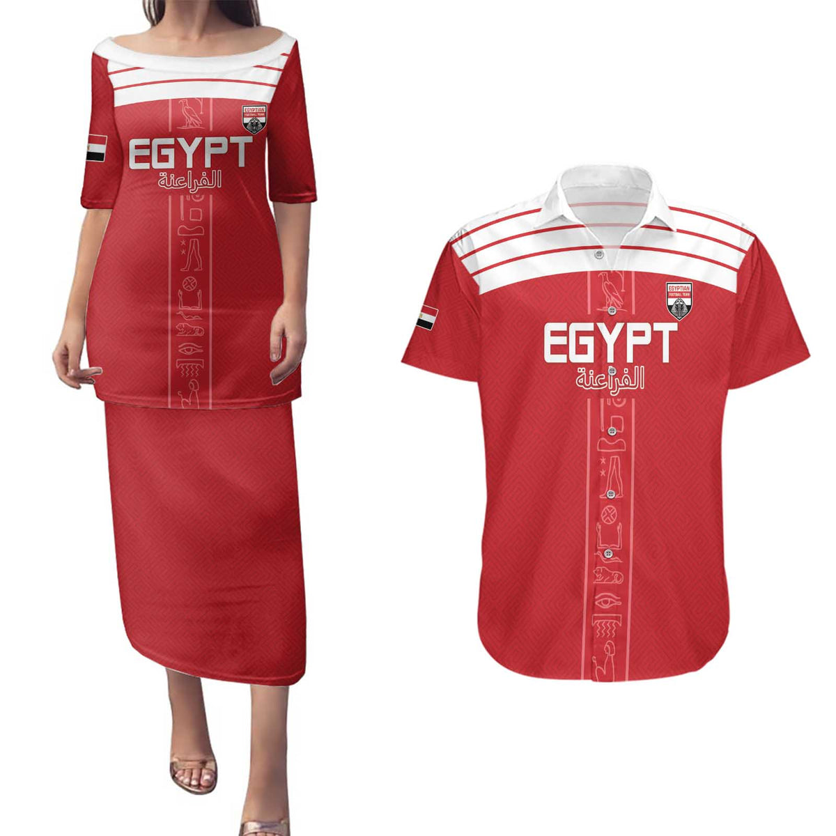 Custom Egypt Football Couples Matching Puletasi and Hawaiian Shirt Yalla Yalla Pharaohs - Red Ver
