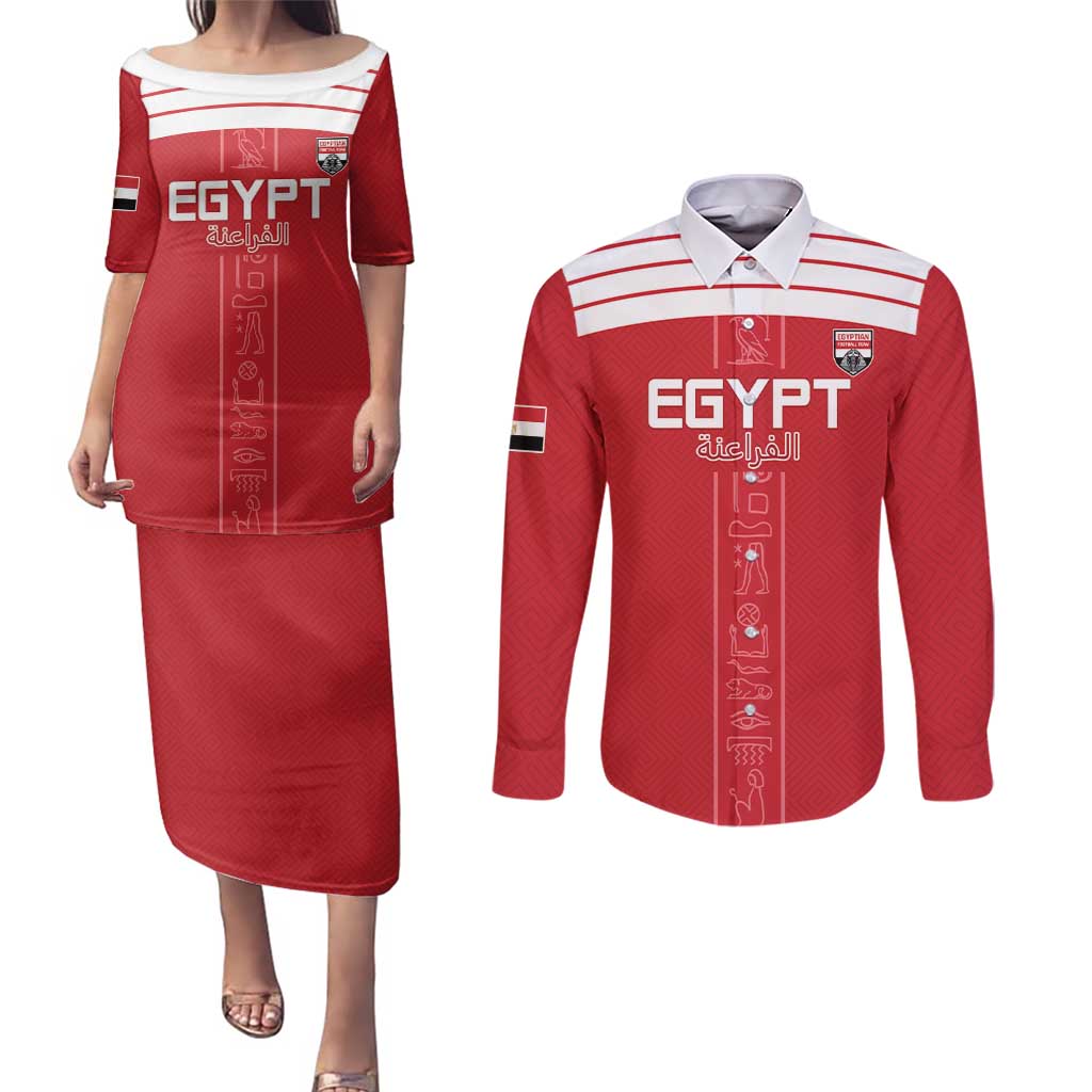 Custom Egypt Football Couples Matching Puletasi and Long Sleeve Button Shirt Yalla Yalla Pharaohs - Red Ver